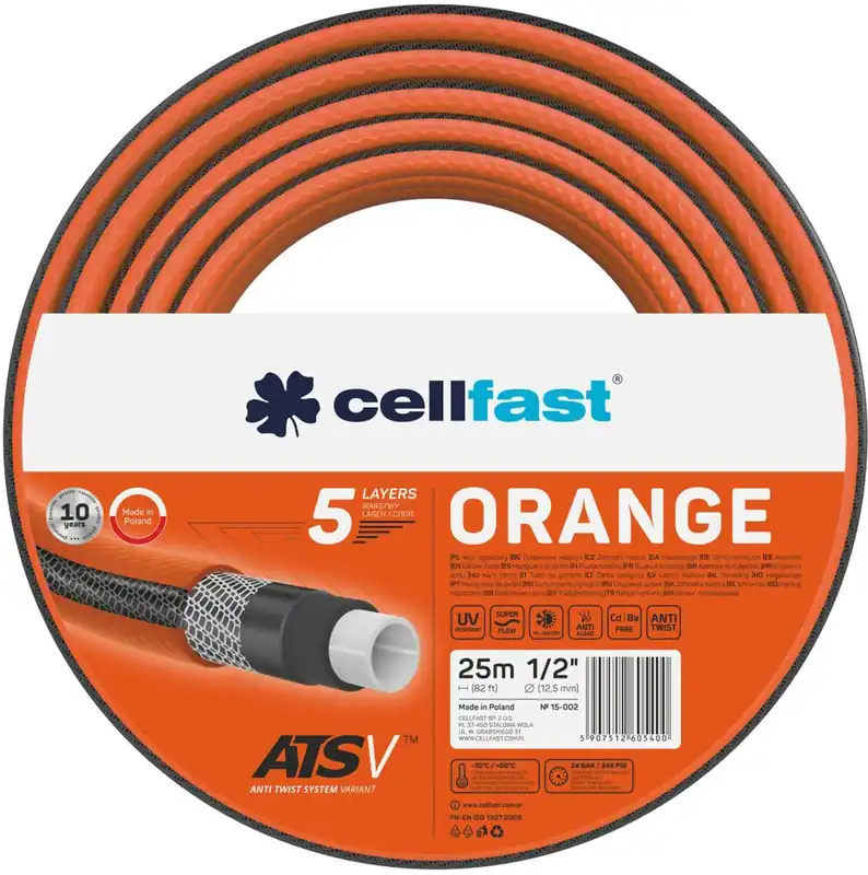Super okazja Wąż ogrodowy do nawadniania 1/2" 25 m 5-warstwowy ORANGE Cellfast 15-002