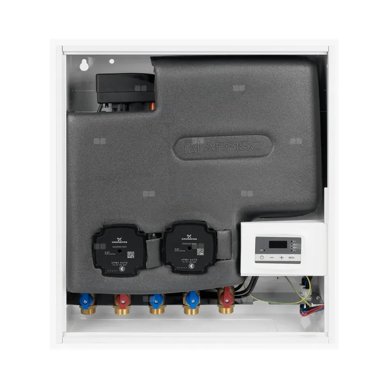 Promocja Grupa pompowa AFRISO PrimoBox AHB 642 GZ x GW 3/4‘‘ x 3/4‘‘, z zaworem termostatycznym, z izolacją, z pompą obiegową 2x Grunfos UPM3 Auto